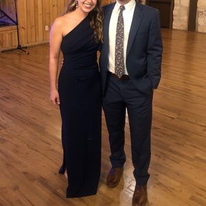 DB Studios one shoulder ruched bridesmaid dress in navy blue